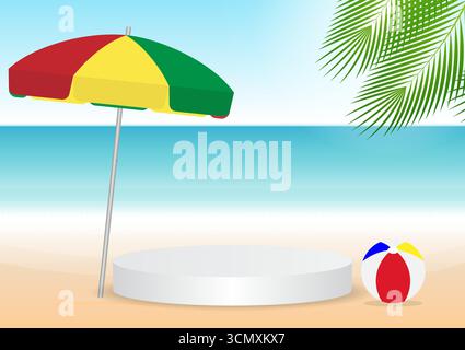 Podio sullo sfondo di Summer Beach. Podio esposizione prodotti sulla spiaggia. Sfondo estivo. Illustrazione vettoriale. Illustrazione Vettoriale