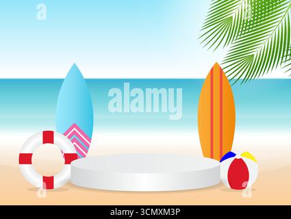 Podio sullo sfondo di Summer Beach. Podio esposizione prodotti sulla spiaggia. Sfondo estivo. Illustrazione vettoriale. Illustrazione Vettoriale