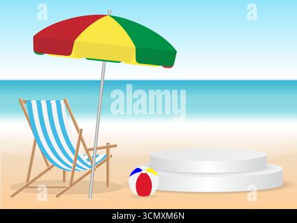 Podio sullo sfondo di Summer Beach. Podio esposizione prodotti sulla spiaggia. Sfondo estivo. Illustrazione vettoriale. Illustrazione Vettoriale
