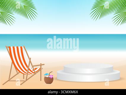 Podio sullo sfondo di Summer Beach. Podio esposizione prodotti sulla spiaggia. Sfondo estivo. Illustrazione vettoriale. Illustrazione Vettoriale