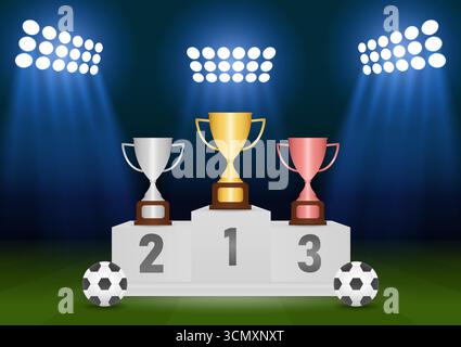 Trofei sul podio del vincitore dello sport sul campo di calcio dello stadio o dello sport Arena. Podi Sport a piedistallo. Cavalletto vincitore del podio. Illustrazione vettoriale. Illustrazione Vettoriale