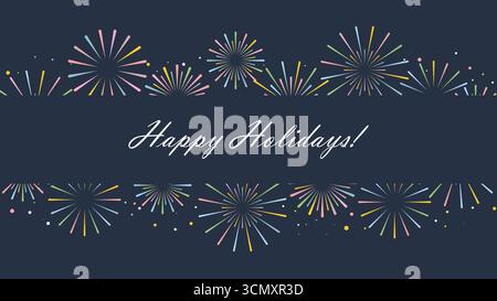 Striscione di congratulazioni con fuochi d'artificio colorati. Modello orizzontale festivo con il testo buone feste. Poster di saluto universale, grafica vettoriale Illustrazione Vettoriale