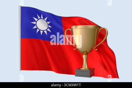 Conquista del trofeo bandiera della Repubblica di Cina a Taiwan. Rendering 3D realistico di alta qualità che rappresenta l'identità nazionale, la cultura, l'orgoglio e il reco globale Foto Stock