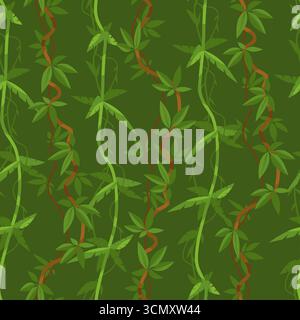 Viti e piante tropicali su sfondo verde scuro. Motivo giungla senza cuciture. Rami di alberi forestali naturali. Stampa ripetuta. Vegetazione delle liane della foresta pluviale. Illustrazione Vettoriale