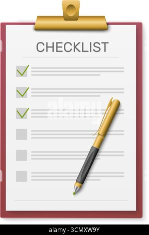 Appunti realistici con elenco di controllo e penne degli elementi completati. I goal terminati segnano. Foglio elenco attività. Pagina del documento sul tablet. Ufficio Illustrazione Vettoriale