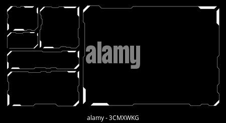 Elementi box HUD cyberpunk con frame UI futuristici e sovrapposizioni di interfaccia digitale. Bordi dell'ologramma fantascientifico ed effetti glitch per schermi di gioco o VR Illustrazione Vettoriale