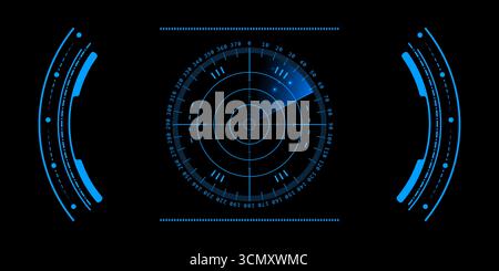 Tecnologia radar HUD con schermi militari cyberpunk e futuristici display UI. Interfacce di scansione AI per cockpit virtuali o dashboard spaziali. Digita Illustrazione Vettoriale