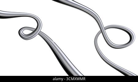 Linee cromate in metallo 3D con spirali di liquido astratte e gradienti di argento. Motivi ondulati in acciaio Y2K per sfondi futuristici. Ologramma lucido Illustrazione Vettoriale