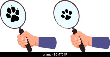 Lente d'ingrandimento per mano con pista per cani o gatti. Braccio con lente d'ingrandimento detective. Ricerca Pawprint. In cerca di animali domestici. Cucciolo o gattino smarrito Illustrazione Vettoriale