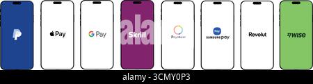 WebVector illustrazione dei più diffusi servizi di pagamento online e portafogli digitali, tra cui PayPal, Apple Pay, Google Pay, Skrill, Payoneer, Samsung Pay Illustrazione Vettoriale