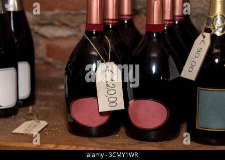 Bottiglie di vino pregiate in mostra, simbolo del lusso, della gastronomia e della tradizione vinicola Foto Stock