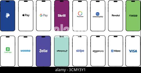 WebVector illustrazione dei più diffusi servizi di pagamento online e portafogli digitali, tra cui PayPal, Apple Pay, Google Pay, Skrill, Payoneer, Samsung Pay Illustrazione Vettoriale