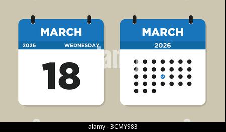 18 marzo 2026 illustrazione vettoriale del calendario mercoledì. Pagina del calendario del 18 marzo. Calendario giornaliero con data 18 marzo. La settimana inizia domenica. Illustrazione Vettoriale