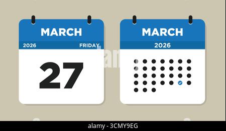 Marzo 27 2026 illustrazione vettoriale del calendario del venerdì. Pagina del calendario di marzo 27. Calendario giornaliero con data marzo 27. La settimana inizia domenica. icona del calendario Illustrazione Vettoriale