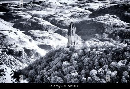 Il bellissimo National Wallace Monument a Cyanotype Monochrome dal castello di Stirling, Stirling Gateway alle Highlands scozzesi, Regno Unito Foto Stock
