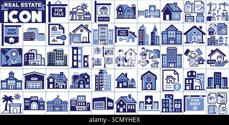 Pacchetto icone immobiliari - Proprietà, affitto, vendita, casa, edificio, agente immobiliare, mutuo ipotecario, appartamento, set vettore commerciale Illustrazione Vettoriale