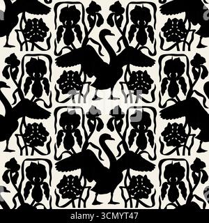 Motivo senza cuciture con stile art nouveau moderno disegnato a mano elegante silhouette in bianco e nero di fiori di cigno e Iris composizione simmetrica Illustrazione Vettoriale
