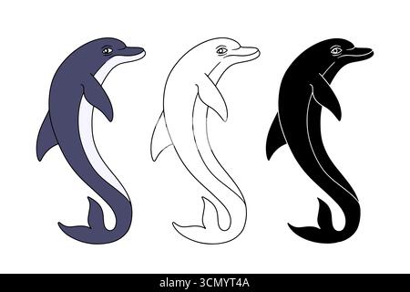 Set di illustrazioni monocromatiche e colorate disegnate a mano per i delfini Illustrazione Vettoriale