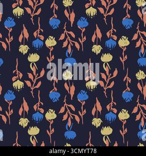 Motivo senza cuciture con fiori e foglie disegnati a mano Illustrazione Vettoriale