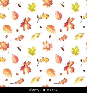 Foglie d'acero giallo-rosso autunnale, foglie di quercia e ghiande con motivo senza cuciture. Sfondo raccolta autunnale. Autunno lascia clipart. Illus di acquerello disegnato a mano Foto Stock