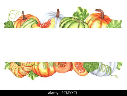 Due bordi senza cuciture con foglie e zucche bianche, verdi e arancioni autunnali. Elemento decorativo autunnale brillante. Ringraziamento. Illu di acquerello disegnato a mano Foto Stock