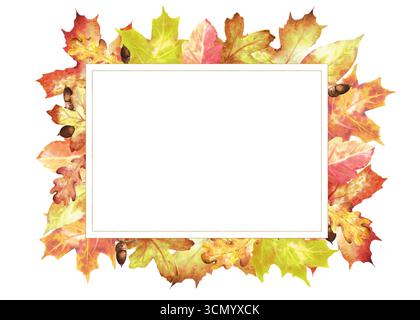 Modello autunnale pronto all'uso con foglie di quercia rossa e gialla e acero. Copiare lo spazio per il testo. Clipart del festival del raccolto autunnale. Decorazioni per il Ringraziamento c Foto Stock
