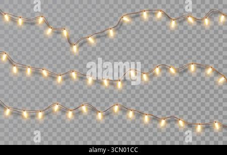 Ghirlande natalizie luccicanti con lampadine gialle isolate su sfondo trasparente. Decorazioni natalizie con luci accese Illustrazione Vettoriale
