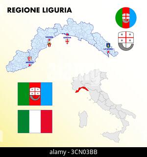 Liguria, Italia, mappa regionale e simboli della regione e delle città, illustrazione vettoriale Illustrazione Vettoriale