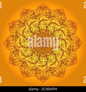 Illustrazione vettoriale di fiori ed erbe autunnali. Grande complesso di fiori mandala. Decorazioni in stile boho assolato. Ornamento decorativo rotondo luminoso per la stampa. S Illustrazione Vettoriale