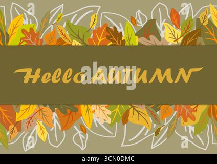 Biglietto d'auguri d'autunno. Buon giorno del Ringraziamento. Bordo floreale delle vacanze con foglie autunnali brillanti su sfondo grigio. Foglie e testo gialli/arancioni/verdi. F Illustrazione Vettoriale