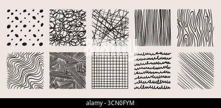 Tratteggio incrociato con grana del legno, onde e griglie, scarabocchi, tratti e spirali per disegni artistici. Sfondi disegnati a mano con varie forme geometriche e linee. Illustrazione Vettoriale