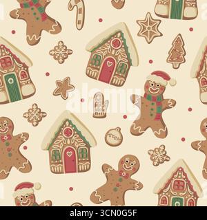 Natale gingerbread gingerman modello senza cuciture con biscotti casalinghi fiocchi di neve guanti stelle festività Illustrazione Vettoriale