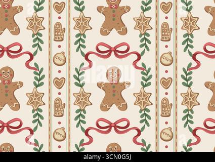Fiocco di gingerbread natalizio con motivo senza cuciture con biscotti cuori di stelle guanciali decorazioni natalizie Illustrazione Vettoriale