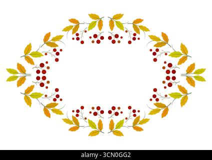 Corona autunnale di rowan con spazio per il testo. Ornamento floreale ovale. ghirlanda di foglie e frutti di bosco luminosi su sfondo bianco. L'arredamento è per ringraziamento Illustrazione Vettoriale
