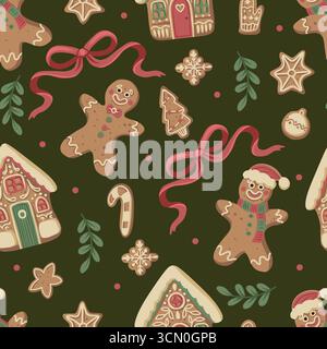 Fiocco di gingerbread natalizio con motivo senza cuciture con biscotti cuori di stelle guanciali decorazioni natalizie Illustrazione Vettoriale
