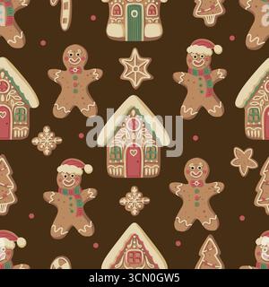 Natale gingerbread gingerman modello senza cuciture con biscotti casalinghi fiocchi di neve guanti stelle festività Illustrazione Vettoriale