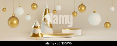 Decorazioni natalizie bianche e dorate con baule appese: Scena 3d con alberi conici, piattaforme a strati e ornamenti lucidi. Elegante allestimento per vetrina di prodotti per le vacanze per presentazioni di lusso di stagione Illustrazione Vettoriale