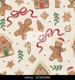 Fiocco di gingerbread natalizio con motivo senza cuciture con biscotti cuori di stelle guanciali decorazioni natalizie Illustrazione Vettoriale