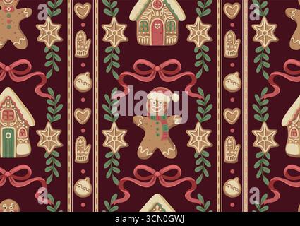 Fiocco di gingerbread natalizio con motivo senza cuciture con biscotti cuori di stelle guanciali decorazioni natalizie Illustrazione Vettoriale