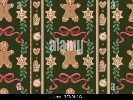 Fiocco di gingerbread natalizio con motivo senza cuciture con biscotti cuori di stelle guanciali decorazioni natalizie Illustrazione Vettoriale