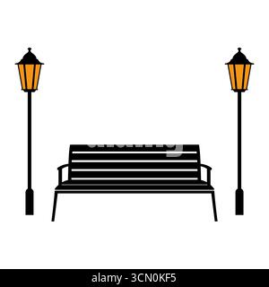 Sagoma del banco da parcheggio con illuminazione stradale illustrazione vettoriale. Un parco caratterizzato da una semplice panchina di legno collocata tra due classici lampioni. Illustrazione Vettoriale
