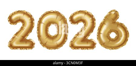 Numeri di palloncini dorati brillanti. Numeri di Capodanno 2026. Illustrazione isolata vettoriale Illustrazione Vettoriale