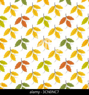 Decorazioni botaniche autunnali. Un motivo piacevole e luminoso lascia senza cuciture su sfondo bianco. Sfondo ornamentale floreale a mosaico. Decorazioni per il giorno del Ringraziamento Illustrazione Vettoriale