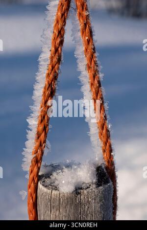 corda ricoperta di cristalli di ghiaccio Foto Stock