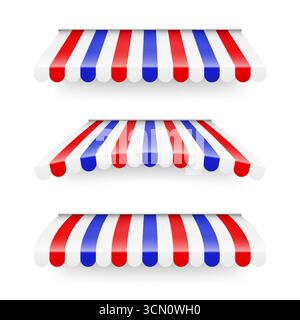 Scopri la tendina parasole. Tende da caffè a righe realistiche. Tenda all'aperto del mercato. Tettoia del tetto in colori bandiera francese. Negozio estivo. Illustrazione vettoriale. Illustrazione Vettoriale