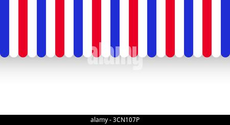 Scopri la tendina parasole. Tende da caffè a righe realistiche. Tenda all'aperto del mercato. Tettoia del tetto in colori bandiera francese. Negozio estivo. Illustrazione vettoriale. Illustrazione Vettoriale