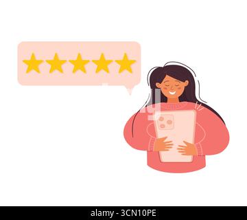 Il cliente fornisce un feedback a cinque stelle tenendo in mano lo smartphone con bolla vocale per la revisione online Illustrazione Vettoriale