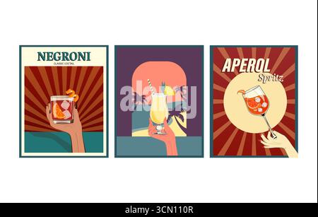 Mani che tengono cocktail negroni, pina colada e aperol spritz in poster vintage Illustrazione Vettoriale