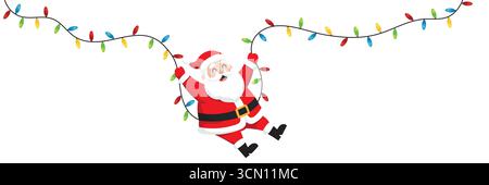 Babbo Natale appeso alle luci di Natale. Illustrazione delle festività su sfondo bianco. Illustrazione Vettoriale