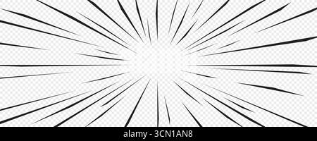 Effetto comico con linee radiali nere nitide su sfondo trasparente. Sfondo effetto velocità in stile anime manga vettoriale per poster e adesivi Illustrazione Vettoriale